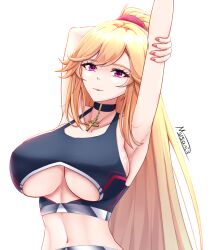 Rule 34 | 1girl, armpits, azur lane, blonde hair, blue sports bra, breasts, clothing cutout, cross, highres, large breasts, leggings, long hair, looking at viewer, musanix, nail polish, pink eyes, richelieu (azur lane), shoes, signature, smile, solo, sports bra, sportswear, stretching, thighs, underboob, underboob cutout, white background