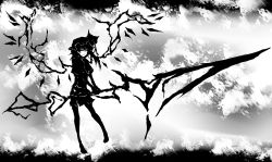 Rule 34 | 1girl, acryl, female focus, flandre scarlet, greyscale, hat, highres, monochrome, outdoors, polearm, short hair, side ponytail, sky, solo, spear, embodiment of scarlet devil, touhou, weapon, wings