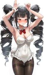 Rule 34 | 1girl, absurdres, armpits, arms up, black hair, blush, bow, bowtie, breasts, character request, cleavage, covered navel, detached collar, drill hair, fake tail, frilled leotard, frills, gluteal fold, hair ornament, highres, jjuha6, large breasts, leotard, long hair, looking to the side, mole, mole under eye, original, pantyhose, playboy bunny, rabbit pose, rabbit tail, red bow, red bowtie, sidelocks, solo, strapless, strapless leotard, sweat, tail, thigh gap, thighband pantyhose, twin drills, white leotard