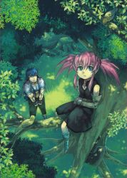 Rule 34 | 00s, absurdres, axe, blue eyes, blue hair, cuffs, gloves, handcuffs, highres, long hair, nature, official art, pink hair, presea combatir, regal bryan, scan, tales of (series), tales of symphonia, tree, twintails, weapon