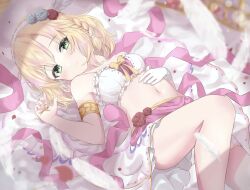 Rule 34 | 1girl, armlet, bandeau, bare shoulders, blonde hair, blush, braid, breasts, feather hair ornament, feathers, feet out of frame, flower, frilled bandeau, gloves, green eyes, hair flower, hair ornament, hairband, highres, holding, holding key, idolmaster, idolmaster cinderella girls, key, knee up, looking at viewer, lying, minamoto tarou, navel, on back, pink ribbon, ribbon, rose, sakurai momoka, short hair, side braid, single glove, skirt, small breasts, smile, solo, white gloves