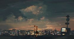 Rule 34 | 1boy, 1girl, black dress, blue pants, brown eyes, brown hair, city, city lights, cloud, cloudy sky, dress, full body, highres, looking at another, luke pearce (tears of themis), night, night sky, outdoors, pants, rosa (tears of themis), shirt, short hair, short sleeves, sky, standing, star (sky), starry sky, tears of themis, vending machine, white shirt, xiachuantong233