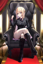 Rule 34 | 1girl, absurdres, black jacket, black necktie, blonde hair, blue eyes, boots, bow, braid, breasts, buttons, chain, chair, closed mouth, coat, collared shirt, colored tips, cross-laced footwear, crossed legs, double-breasted, female focus, french braid, full body, gradient hair, hair between eyes, hair bow, hallo (rltkdydrltk), highres, indoors, jacket, knee boots, knees, long hair, long sleeves, looking at hand, makeup, mascara, miniskirt, multicolored hair, necktie, original, panties, pantyshot, shirt, sitting, skirt, smile, solo, staff, taut clothes, thighs, underwear, uniform, very long hair