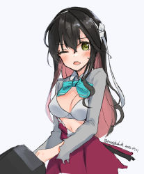 Rule 34 | 1girl, aqua bow, aqua bowtie, black hair, blazer, bow, bowtie, bra, breasts, colored inner hair, hair down, hairband, highres, jacket, kangoku kou, kantai collection, large breasts, long hair, multicolored hair, naganami (kancolle), naganami kai ni (kancolle), one-hour drawing challenge, one eye closed, pink hair, purple skirt, simple background, skirt, solo, torn clothes, two-tone hair, underwear, white background, white bra, white hairband, yellow eyes