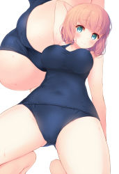 Rule 34 | 1girl, arm up, ass, blue eyes, breasts, covered erect nipples, komone ushio, large breasts, looking at viewer, multiple views, orange hair, original, school swimsuit, short hair, simple background, smile, swimsuit, white background
