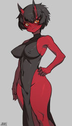 Rule 34 | 1girl, bare arms, bare shoulders, black hair, cameltoe, closed mouth, cocktail dress, colored skin, covered erect nipples, dress, fang, fang out, grey background, hand on own hip, highleg, highleg dress, horns, kidouko (zakusi), looking at viewer, no bra, no panties, oni, oni horns, orange eyes, original, pelvic curtain, red oni, red skin, short hair, side slit, signature, solo, standing, thick eyebrows, zakusi