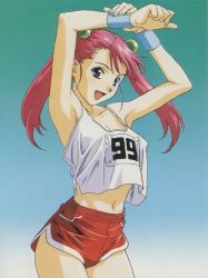 Rule 34 | 1girl, arms up, blue eyes, cowboy shot, gradient background, hair bobbles, hair ornament, holding own wrist, long hair, midriff, navel, open mouth, pink hair, retro artstyle, short shorts, shorts, solo, track uniform, twintails, wristband, yamada masaki