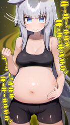 Rule 34 | 1girl, absurdres, ahoge, animal ears, big belly, bike shorts under skirt, black shorts, black sports bra, blue eyes, breasts, clenched hand, closed mouth, commentary, cowboy shot, grey hair, hand on own stomach, highres, horse ears, horse girl, horse tail, long hair, looking at viewer, medium breasts, motion lines, navel, oguri cap (umamusume), shorts, smile, solo, sports bra, sportswear, standing, tail, tamukoro, translated, umamusume, very long hair