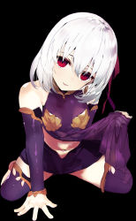 Rule 34 | 1girl, bare shoulders, black background, breasts, clothes lift, detached sleeves, dress, dress lift, fate/grand order, fate (series), hair ribbon, highres, kama (fate), kneeling, looking at viewer, midriff, parted lips, pelvic curtain, purple dress, purple legwear, red eyes, ribbon, short hair, silver hair, sleeveless, sleeveless dress, small breasts, smile, solo, tetsubuta, thighs