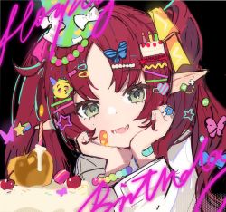 Rule 34 | apple, arknights, bad id, bad twitter id, bandaid, bandaid on face, black background, cake, candle, cherry, earrings, food, fruit, golden apple, green eyes, hair ornament, hat, head on hand, highres, jewelry, looking at viewer, miebao, myrtle (arknights), parted bangs, pointy ears, red hair, ring, simple background, smile, solo