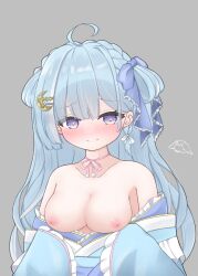 Rule 34 | 1girl, ahoge, amaui, blue bow, blue hair, blue kimono, blush, bow, braid, breasts, closed mouth, commentary request, crescent, crescent hair ornament, crown braid, frilled kimono, frills, grey background, hair bow, hair ornament, highres, japanese clothes, k (ve do 9k), kimono, long hair, long sleeves, looking at viewer, medium bangs, medium breasts, multicolored hair, nanashi inc., neck ribbon, nipples, off shoulder, pink ribbon, purple eyes, ribbon, side braid, simple background, smile, solo, two-tone hair, upper body, virtual youtuber, white bow, white hair