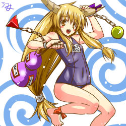 Rule 34 | 1girl, ankle ribbon, bare shoulders, barefoot, blonde hair, blush, blush stickers, bow, brown eyes, chain, female focus, flat chest, gourd, highres, horn bow, horn ornament, horns, ibuki suika, leg ribbon, long hair, low-tied long hair, navel, one-piece swimsuit, open mouth, ribbon, school swimsuit, scrunchie, sidelocks, solo, swimsuit, touhou, umyonge (lkakeu)