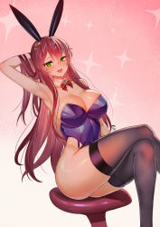 Rule 34 | 1girl, animal ears, arm up, armpits, bare arms, bare shoulders, black thighhighs, blush, breasts, cleavage, collarbone, commission, crossed legs, detached collar, fake animal ears, feet out of frame, green eyes, hair ornament, hand in own hair, highleg, highleg leotard, highres, large breasts, leotard, long hair, looking at viewer, open mouth, original, playboy bunny, purple leotard, rabbit ears, red hair, sitting, sleeveless, smile, solo, suerte, thighhighs, thighs
