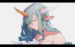 Rule 34 | 1girl, 34 lol7, animal ears, bare shoulders, blush, bow, breasts, cleavage, closed eyes, collarbone, earrings, from side, gem, gloves, green hair, hands up, highres, horns, horse ears, jewelry, league of legends, letterboxed, long hair, parted lips, simple background, single horn, solo, soraka (league of legends), star guardian (league of legends), star guardian soraka, white background, white bow, white gloves, wings