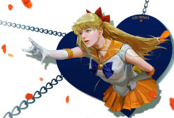 1girl aino_minako back_bow bishoujo_senshi_sailor_moon blonde_hair blue_bow blue_bowtie blue_eyes bow bowtie character_name choker commentary ear_piercing elbow_gloves gloves hair_bow hand_on_own_hip inner_senshi long_hair magical_girl miniskirt open_mouth orange_choker orange_sailor_collar orange_skirt piercing pleated_skirt red_bow sailor_collar sailor_senshi sailor_senshi_uniform sailor_v skirt solo venus_love_me_chain vijoux white_gloves yellow_background