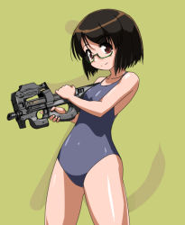 Rule 34 | 1girl, bad id, bad pixiv id, blue one-piece swimsuit, blue school swimsuit, breasts, brown eyes, brown hair, bullpup, collarbone, cowboy shot, female focus, green background, gun, holding, holding gun, holding weapon, looking at viewer, one-piece swimsuit, original, p90, personal defense weapon, rohitsuka, school swimsuit, short hair, simple background, small breasts, solo, standing, submachine gun, swimsuit, weapon