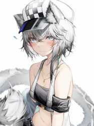 Rule 34 | 1girl, absurdres, animal ears, arknights, armband, bandeau, bare shoulders, black bandeau, blue heart, blush, breasts, cliffheart (arknights), commentary, grey eyes, grey hair, hair between eyes, hat, highres, kjerag logo, leopard ears, leopard girl, leopard tail, looking at viewer, midriff, navel, short hair, simple background, small breasts, solo, tab head, tail, upper body, white background, white hat