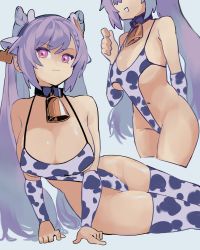 Rule 34 | 1girl, animal ears, animal print, bell, breasts, cleavage, cow ears, cow print, cowbell, dismassd, genshin impact, highleg, highleg swimsuit, highres, keqing (genshin impact), large breasts, navel, purple eyes, purple hair, revealing clothes, solo, swimsuit, thighhighs, twintails