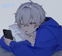 Rule 34 | 1boy, absurdres, blue eyes, blue hoodie, character name, grey background, hair between eyes, highres, hiiragi hiiro, holding, holding phone, hood, hoodie, hugging object, looking at phone, male focus, one eye closed, open mouth, original, phone, pillow, pillow hug, short hair, sketch, solo, upper body