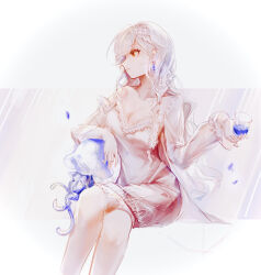 Rule 34 | 1girl, breasts, camisole, cleavage, closed mouth, commentary request, crossed legs, cup, earrings, eternity (reverse:1999), feet out of frame, highres, holding, holding cup, jellyfish, jewelry, large breasts, lingerie, long hair, mrruaaa, negligee, orange eyes, profile, reverse:1999, sitting, smile, solo, underwear, white background, white camisole, white hair, white headdress