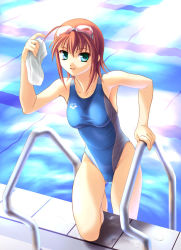 Rule 34 | 00s, 1girl, arena (company), armpits, brown hair, competition swimsuit, goggles, goggles on head, green eyes, kimi ga nozomu eien, legs, norizou type-r, one-piece swimsuit, pool, pool ladder, short hair, solo, suzumiya akane, swimsuit