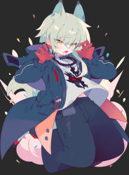 Rule 34 | 1boy, animal ears, aosta (arknights), arknights, blouse, claw pose, english text, fang, full body, gloves, green eyes, grey hair, hand up, highres, hood, hoodie, jacket, male focus, open mouth, pants, peroppafu, red gloves, shirt, short hair, solo, white shirt, wolf boy, wolf ears