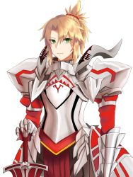 Rule 34 | 1girl, armor, blonde hair, braid, breastplate, clarent (fate), cowboy shot, expressionless, fate/grand order, fate (series), french braid, green eyes, hair between eyes, highres, looking at viewer, meri (aksleepsheep), mordred (fate), mordred (fate/apocrypha), pauldrons, pelvic curtain, planted, planted sword, planted weapon, ponytail, red scrunchie, scrunchie, shoulder armor, solo, sword, weapon, white background