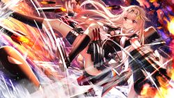 Rule 34 | 10s, 1girl, aircraft, airplane, battle, dutch angle, explosion, fighting, fire, hair flaps, hair ornament, hair ribbon, hairclip, highres, kantai collection, long hair, looking at viewer, machinery, open mouth, panties, pantyshot, pink hair, red eyes, ribbon, sharp teeth, solo, striped clothes, striped panties, swordsouls, teeth, torpedo, turret, underwear, yuudachi (kancolle), yuudachi kai ni (kancolle)