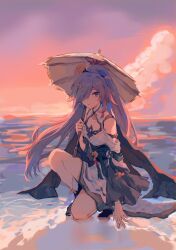 Rule 34 | 1girl, bare shoulders, blue eyes, blue hair, breasts, brown umbrella, cloud, collarbone, commentary request, dress, fu hua, fu hua (azure empyrea), full body, grey hair, highres, holding, holding umbrella, honkai (series), honkai impact 3rd, horizon, long sleeves, looking at viewer, multicolored hair, ocean, oil-paper umbrella, on one knee, outdoors, parted lips, small breasts, solo, streaked hair, tsubomi fanart, umbrella, water, white dress, wide sleeves
