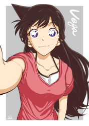 Rule 34 | 1girl, arm at side, blue eyes, border, breasts, closed mouth, collarbone, commentary request, highres, light blush, long hair, looking at viewer, meitantei conan, mouri ran, outside border, outstretched arm, pink shirt, reaching, reaching towards viewer, shirt, short sleeves, signature, smile, solo, sooma4869, upper body, white border