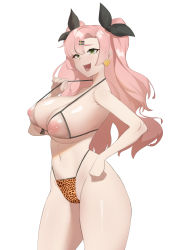Rule 34 | 1girl, absurdres, alternate costume, animal print, bad id, bad pixiv id, bikini, bikini pull, black ribbon, breasts, bunpil, clothes pull, covered erect nipples, earrings, from side, green eyes, gyaru, hair ornament, hair ribbon, hairclip, hand on own hip, heart, heart earrings, highleg, highleg bikini, highres, jewelry, large breasts, leopard print, long hair, looking at viewer, mole, mole on breast, mole on thigh, mole under eye, navel, nicole demara, nipples, open mouth, parted bangs, pink hair, ribbon, school uniform, see-through, simple background, smile, smug, solo, strap gap, strap lift, string bikini, swimsuit, two side up, white background, zenless zone zero