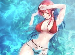 Rule 34 | 1girl, :p, arrow through heart, bikini, bikini under clothes, blush, breasts, breasts apart, contrapposto, dolphin shorts, earrings, hair down, halterneck, heart, heart earrings, heart necklace, heterochromia, highres, hololive, houshou marine, houshou marine (summer), jewelry, large breasts, long hair, looking at viewer, lying, navel, necklace, on back, partially submerged, red bikini, red eyes, senritsu (senritu422), short shorts, shorts, skindentation, smile, solo, stomach, string bikini, swimsuit, tongue, tongue out, virtual youtuber, water, white shorts, yellow eyes