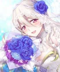 Rule 34 | 1girl, blush, bouquet, bridal veil, bride, bride (fire emblem), corrin (female) (fire emblem), corrin (fire emblem), dress, embarrassed, fire emblem, fire emblem fates, fire emblem heroes, flower, hair flower, hair ornament, hiyori (rindou66), holding, holding bouquet, looking at viewer, nintendo, pointy ears, red eyes, slit pupils, smile, solo, veil, watermark, wedding dress