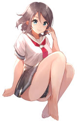 Rule 34 | 1girl, barefoot, birthday, blue eyes, commentary, cowengium, grey hair, highres, looking at viewer, love live!, love live! sunshine!!, miniskirt, resolution mismatch, school uniform, short hair, short sleeves, sidelocks, simple background, sitting, skirt, solo, source smaller, uranohoshi school uniform, watanabe you, white background