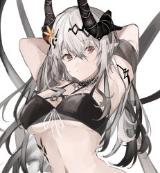 Rule 34 | arknights, arms behind head, arms up, bikini, black bikini, black choker, black hair, breasts, choker, closed mouth, commentary, emiya negi, flower, gradient background, hair flower, hair ornament, highres, horns, jewelry, large breasts, long hair, looking at viewer, material growth, mudrock (arknights), mudrock (silent night) (arknights), navel, necklace, official alternate costume, oripathy lesion (arknights), pointy ears, red eyes, silver hair, simple background, solo, stomach, swimsuit, underboob, upper body, very long hair, white background, yellow flower