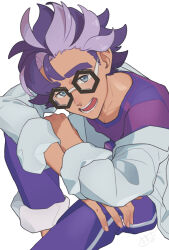 Rule 34 | 1boy, black-framed eyewear, coat, commentary request, creatures (company), game freak, glasses, grey eyes, head tilt, jacq (pokemon), male focus, multicolored hair, nintendo, off shoulder, open mouth, pants, pokemon, pokemon sv, purple hair, purple pants, purple shirt, shirt, short hair, sitting, sleeves rolled up, solo, striped clothes, striped shirt, teeth, tokiba nagamu, two-tone hair
