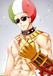 Rule 34 | 1boy, abs, absurdres, afro, animal collar, chain, clenched hand, collar, commentary, gauntlets, green hair, grey background, highres, ike masato, jewelry, looking at viewer, male focus, multicolored hair, muscular, necklace, no nipples, parted lips, ragnarok online, red hair, scar, scar on chest, topless male, short hair, sura (ragnarok online), solo, spiked collar, spikes, sunglasses, upper body, white hair