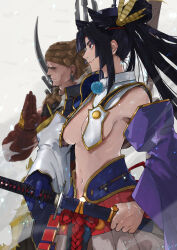 Rule 34 | 1boy, 1girl, armor, black eyes, black hair, black headwear, black sclera, blue gloves, breast curtains, breasts, brown gloves, closed mouth, colored sclera, commentary request, detached sleeves, ear piercing, fate/grand order, fate (series), fighting stance, gloves, hair bun, hair ornament, hat, highres, japanese armor, katana, kdm (ke dama), lips, long hair, medium breasts, musashibo benkei (fate), navel, no bra, piercing, pink lips, polearm, ponytail, profile, revealing clothes, side ponytail, sideboob, simple background, single glove, single hair bun, smile, spear, sword, tate eboshi, trident, ushiwakamaru (fate), very long hair, weapon, white background
