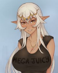 Rule 34 | 1girl, breasts, brown eyes, cleavage, clothes writing, dark elf, dark skin, dark-skinned female, elf, highres, iliana (unsomnus), jewelry, large breasts, long hair, looking at viewer, meme attire, necklace, original, parody, pointy ears, shirt, silver hair, simple background, smile, solo, t-shirt, tiara, unsomnus, upper body