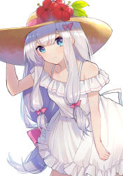 Rule 34 | 10s, 1girl, bad id, bad pixiv id, bow, closed mouth, collarbone, cowboy shot, coyucom, dress, eromanga sensei, hair bow, hat, izumi sagiri, leaning forward, long hair, looking at viewer, low-tied long hair, pink bow, simple background, solo, spaghetti strap, sun hat, sundress, tsurime, very long hair, white background, white dress