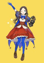 Rule 34 | 1girl, ;d, absurdres, arm up, blue bow, blue bowtie, blue cape, blue eyes, blue gloves, blue pantyhose, bow, bowtie, brown footwear, brown hair, cape, commentary request, elbow gloves, fate/grand order, fate (series), forehead, full body, gauntlets, gloves, hand up, highres, leonardo da vinci (fate), leonardo da vinci (fate/grand order), leonardo da vinci (rider) (fate), long hair, looking at viewer, one eye closed, open mouth, pantyhose, parted bangs, ponytail, puff and slash sleeves, puffy short sleeves, puffy sleeves, red skirt, rin (yukameiko), shoes, short sleeves, sidelocks, simple background, single gauntlet, single glove, skirt, smile, solo, waving, yellow background
