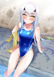 Rule 34 | 1girl, bare shoulders, blue one-piece swimsuit, blush, breasts, collarbone, competition swimsuit, melusine (fate), fate/grand order, fate (series), forked eyebrows, highleg, highleg swimsuit, highres, long hair, looking at viewer, one-piece swimsuit, sidelocks, small breasts, smile, solo, swimsuit, thighs, white hair, yellow eyes, yumeneko nyaa