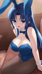 Rule 34 | 1girl, animal ears, asakura ryouko, bare arms, bare shoulders, blue bow, blue bowtie, blue eyes, blue hair, blue leotard, bow, bowtie, breasts, cait aron, cleavage, detached collar, fake animal ears, indoors, large breasts, leotard, long hair, looking at viewer, open mouth, pantyhose, parted bangs, playboy bunny, rabbit ears, sitting, sleeveless, smile, solo, suzumiya haruhi no yuuutsu, thighs, wrist cuffs