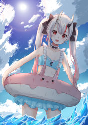 Rule 34 | absurdres, alternate hairstyle, bikini, breasts, cloud, cloudy sky, collarbone, commentary request, earrings, hair between eyes, highres, hololive, horns, innertube, jewelry, long hair, looking at viewer, nakiri ayame, nakiri ayame (hololive summer 2019), official alternate costume, open mouth, red eyes, silver hair, skin-covered horns, sky, small breasts, solo, swim ring, swimsuit, twintails, virtual youtuber