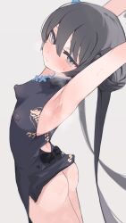 1girl armpits arms_up ass black_dress black_hair blue_archive breasts china_dress chinese_clothes closed_mouth covered_erect_nipples dragon_print dress grey_background grey_eyes hair_between_eyes hair_bun highres kisaki_(blue_archive) looking_at_viewer mikozin print_dress simple_background sleeveless sleeveless_dress small_breasts solo sweat thighs twintails