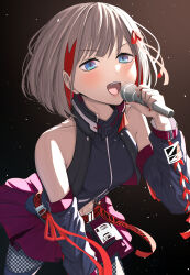 Rule 34 | 1girl, :d, absurdres, black background, black shirt, blue eyes, bob cut, commentary, detached sleeves, grey hair, hair ribbon, highres, holding, holding microphone, idolmaster, idolmaster shiny colors, looking at viewer, microphone, open mouth, pleated skirt, purple skirt, red ribbon, ribbon, serizawa asahi, shirt, short hair, simple background, skirt, smile, solo, take978733141