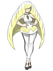 Rule 34 | 1girl, absurdres, black footwear, blonde hair, creatures (company), dress, game freak, green eyes, hair over one eye, hands on own hips, highres, long hair, looking at viewer, lusamine (pokemon), nintendo, pants, pokemon, pokemon sm, shoes, simple background, sleeveless, sleeveless dress, smile, solo, toshinoshin, very long hair, white background, white pants