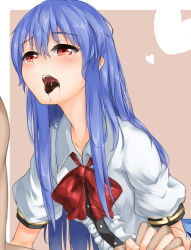 Rule 34 | blue hair, bow, chocolate, chocolate covered, heart, highres, hinanawi tenshi, holding hands, imminent kiss, interlocked fingers, momo retasu, open mouth, puffy short sleeves, puffy sleeves, red eyes, saliva, shirt, short sleeves, tongue, tongue out, touhou, valentine