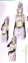 Rule 34 | 1990s (style), 1girl, absurdres, adjusting hair, arm up, bare shoulders, breasts, center opening, character sheet, cleavage, dress, earrings, elbow gloves, gensou suikoden, gensou suikoden i, gensou suikoden ii, gensou suikogaiden, gloves, green eyes, hair ornament, hair over one eye, hand on own cheek, hand on own face, high ponytail, highres, jeane (suikoden), jewelry, large breasts, long hair, long legs, midriff, multiple views, narrow waist, no bra, official art, ponytail, retro artstyle, rhapsodia, scan, side slit, silver hair, smile, standing, thighs, wavy hair, white dress, yashioka shou