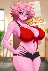 Rule 34 | 1girl, 2024, ashido mina, black sclera, blush, boku no hero academia, breasts, cleavage, colored sclera, colored skin, covered erect nipples, curly hair, food, front-tie top, hand on own hip, highleg, highleg panties, highres, holding, holding food, holding pizza, horns, huge breasts, krabbytheartist, large breasts, light smile, looking at viewer, micro shorts, midriff, navel, panties, pink hair, pink skin, pizza, pizza box, pizza delivery, red panties, short hair, shorts, smile, solo, standing, thighs, thong, underwear, yellow eyes